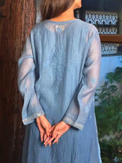 Blue Shade Zari Chanderi Chikankari Ready to Wear Tunics