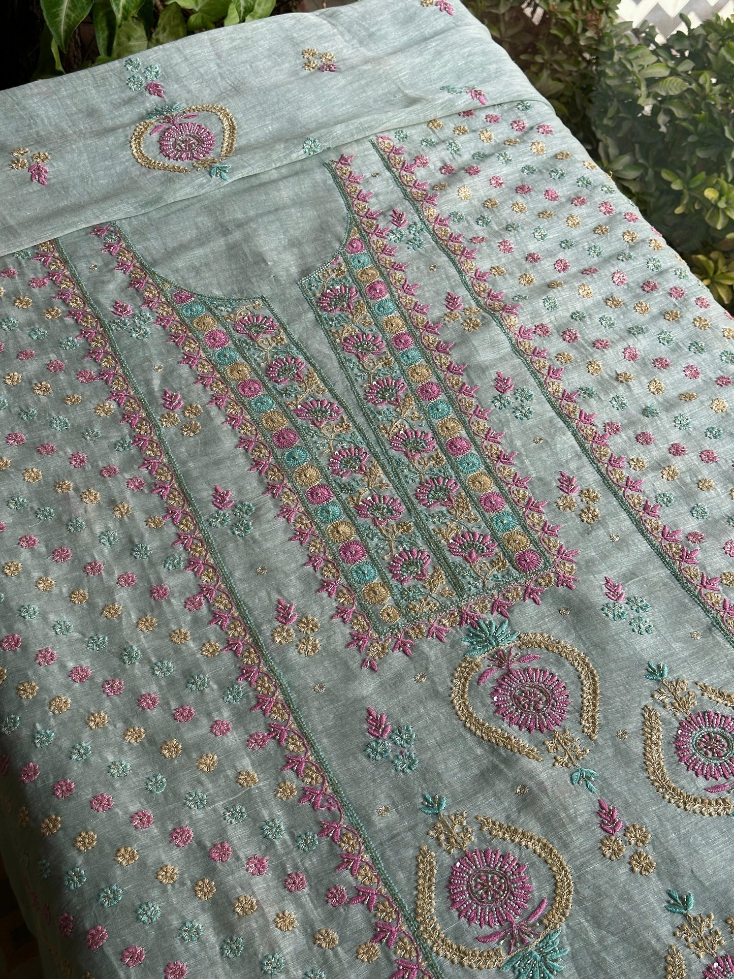 Pastel Mint Shade Rasm Silk Chikankari With Ari Work Unstitched Kurta Dupatta Set