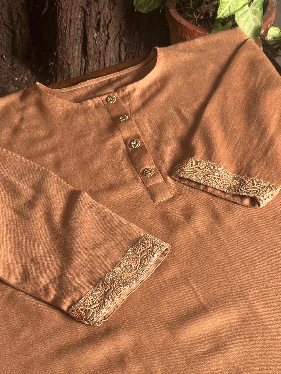 Clay Brown Kashmiri Pashmina Phiran with Handcrafted Ari & Chikankari Embroidery