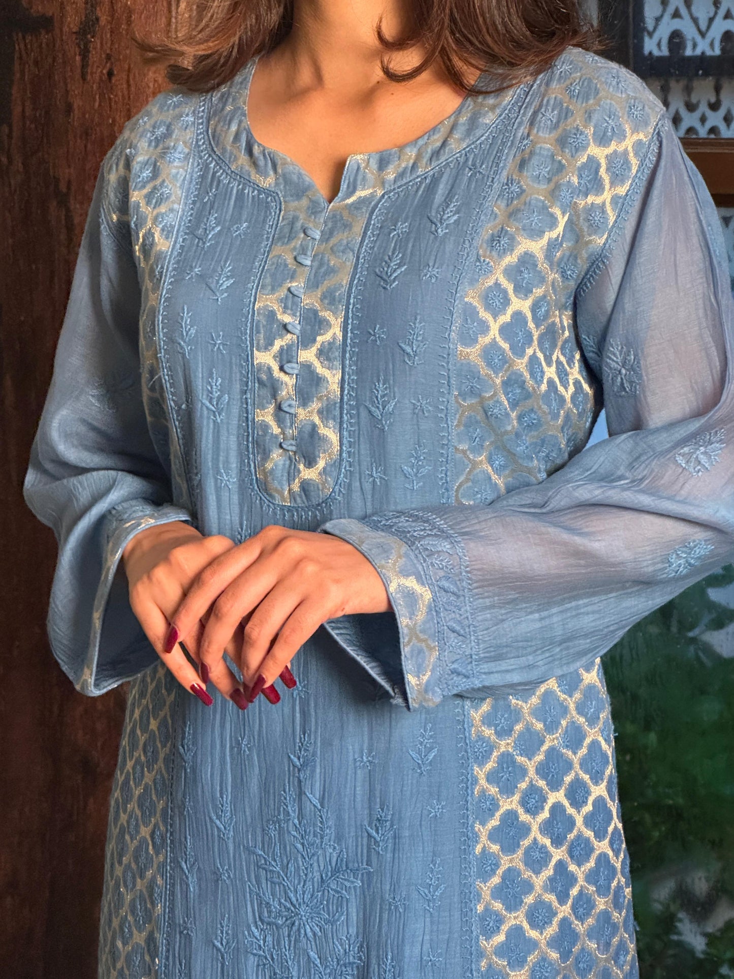Blue Shade Zari Chanderi Chikankari Ready to Wear Tunics