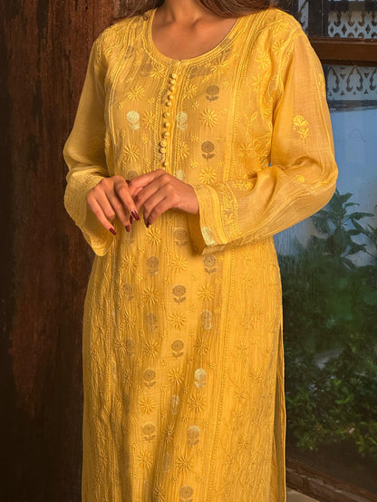 Yellow Shade Zari Chanderi Chikankari Ready to Wear Tunics