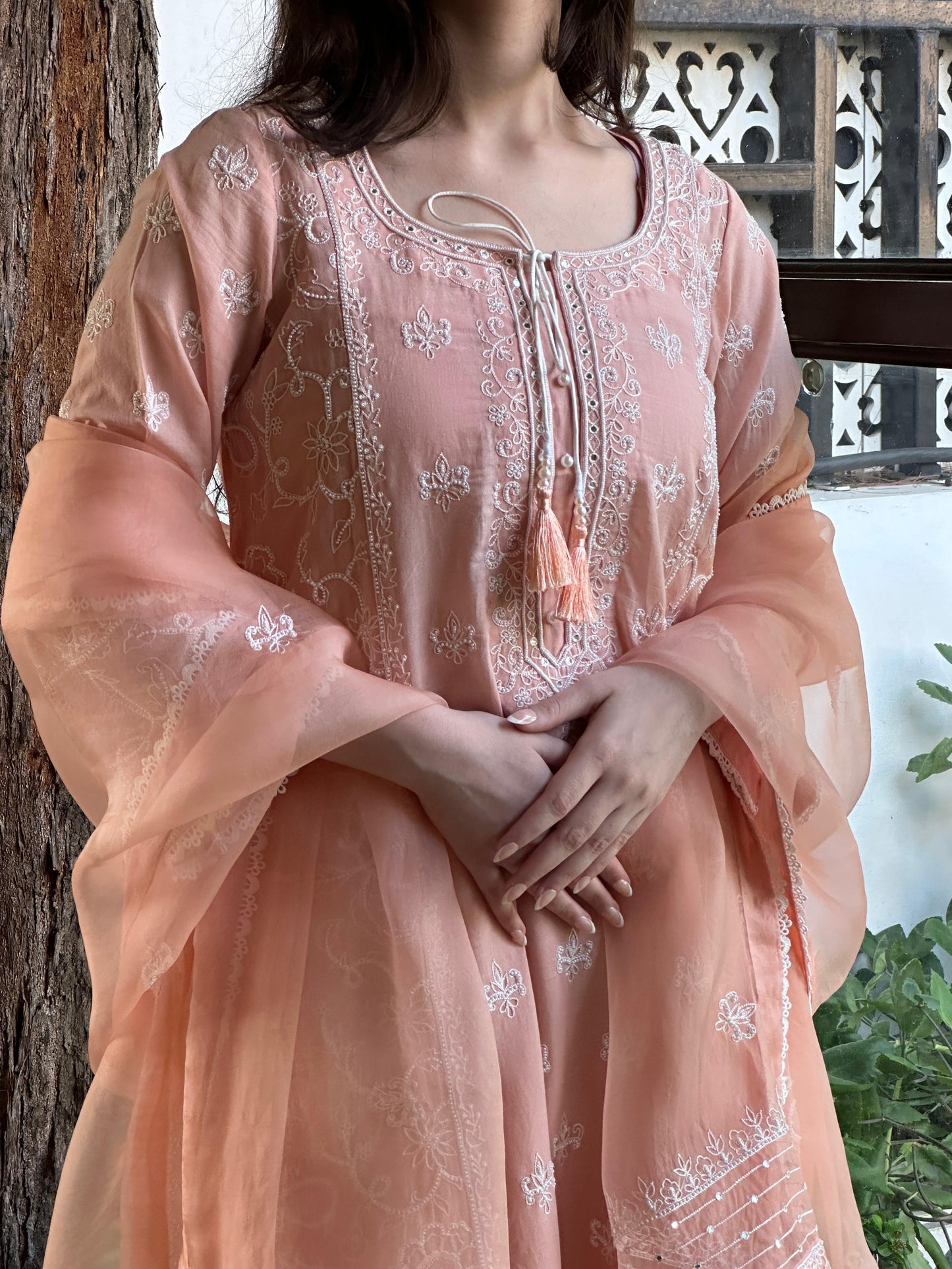 Peach Shade Malmal Pearl Work Chikankari Kurta Set