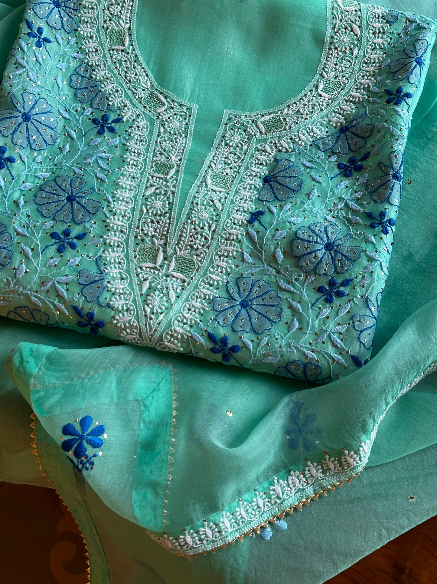 Blue Noor Organza Silk Chikankari With Kamdani Fabric
