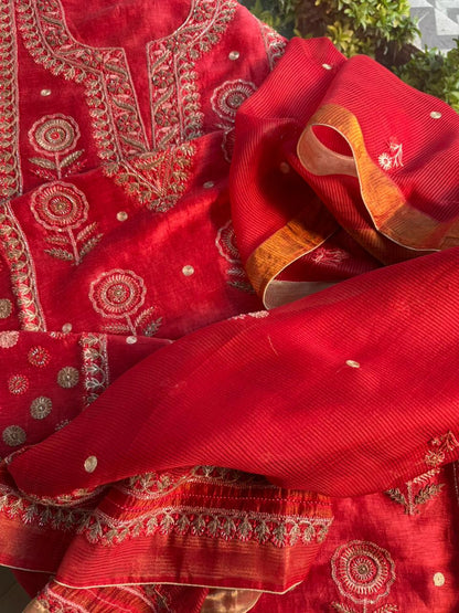 Brick Red Linen Silk Chikankari With Ari Work Unstitched Kurta Dupatta Set