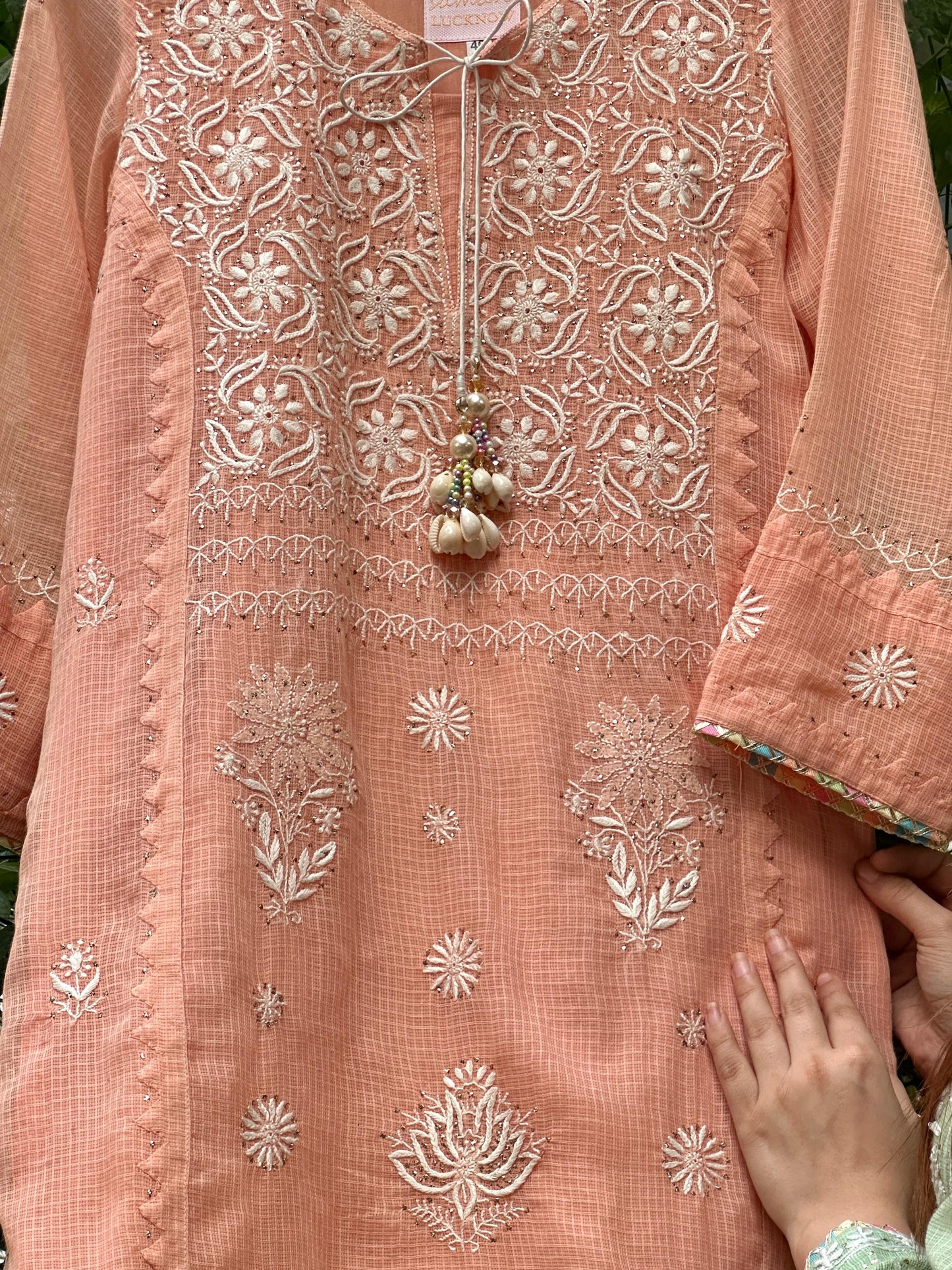 Peach Shade Kota Applique Chikankari Kurta Dupatta Set