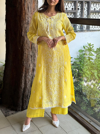 Yellow Shade Malmal Pearl White Chikankari Ready to Wear Kurta Set