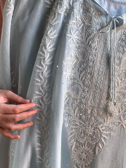 Powder Blue Malmal Sequinned Chikankari Kaftan