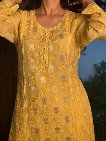 Yellow Shade Zari Chanderi Chikankari Ready to Wear Tunics