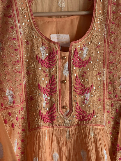 Orange Peach Shade Zari Chanderi Chikankari Ready to Wear Tunics