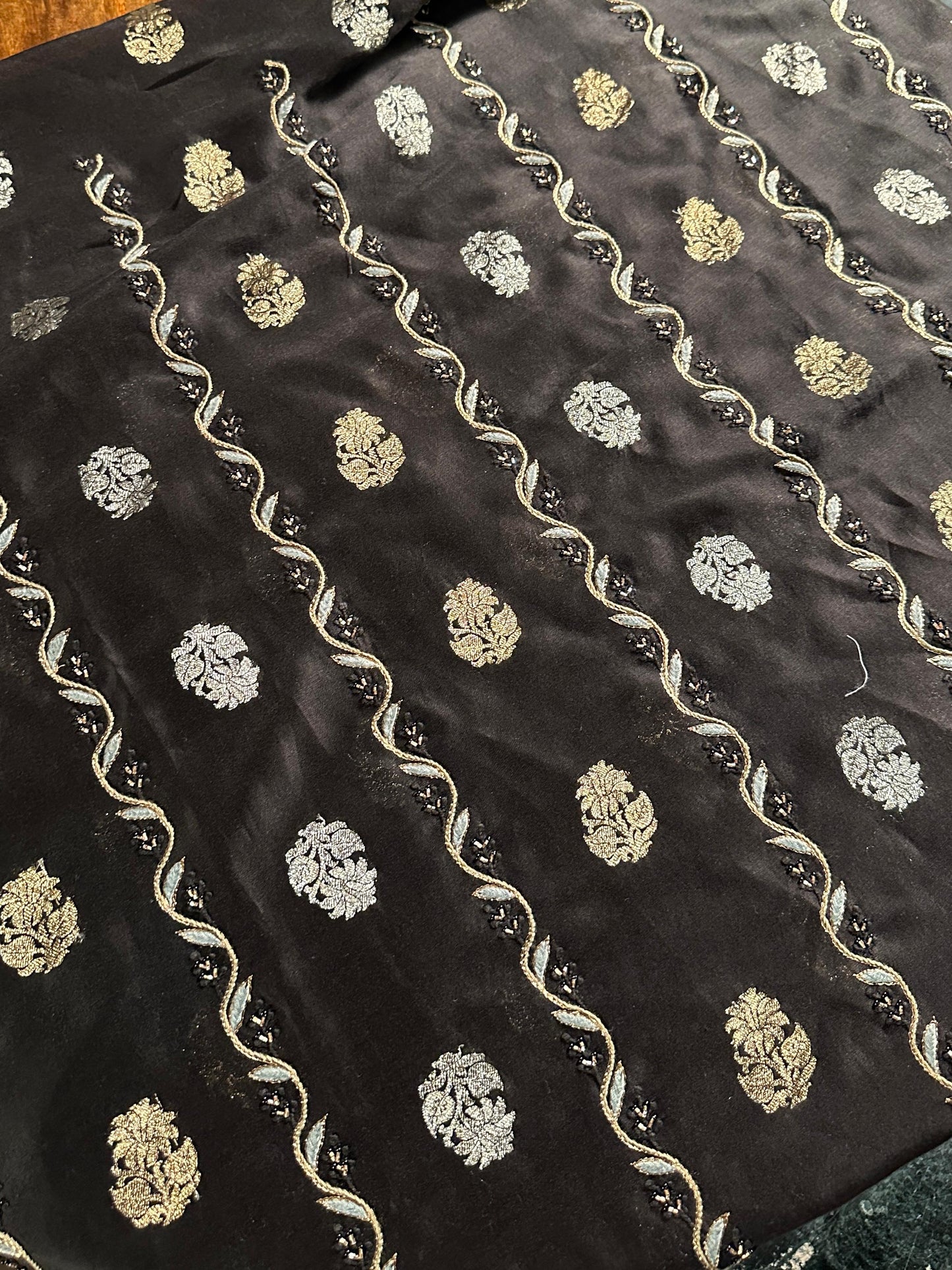 Black & Grey Banarasi Zari Chanderi Unstitched Chikankari Fabric