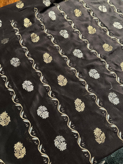 Black & Grey Banarasi Zari Chanderi Unstitched Chikankari Fabric