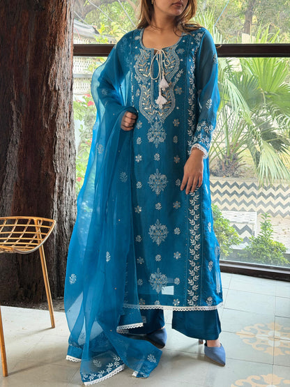 Azure Blue Shade Noor Organza Chikankari Applique Kurta Set