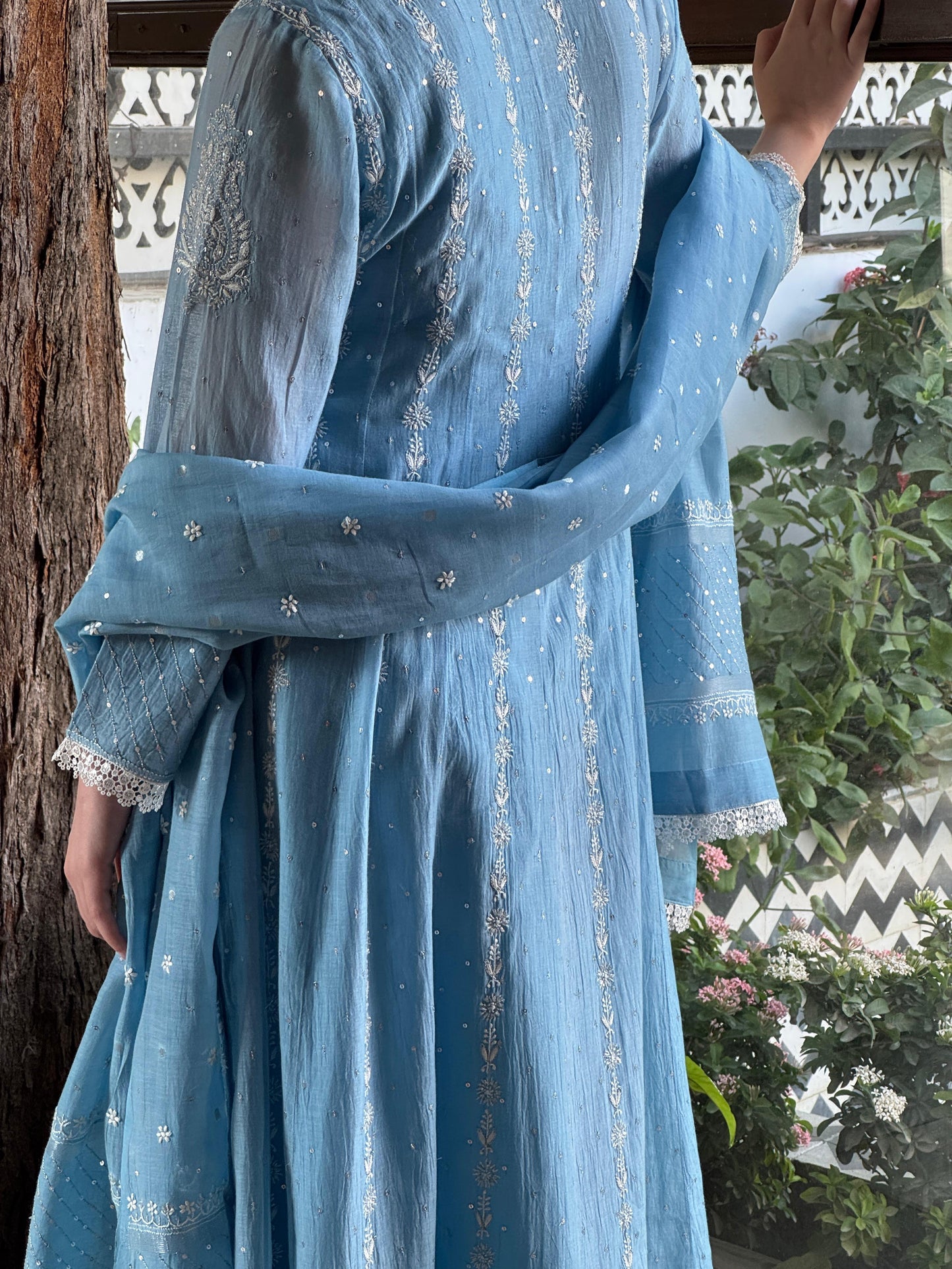 Powder Blue Shade Malmal Pearl Work Chikankari Anarkali