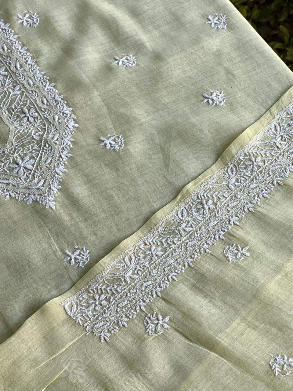 Lemon Yellow Mulmul Chikankari Unstitched Men's Kurtas Fabric