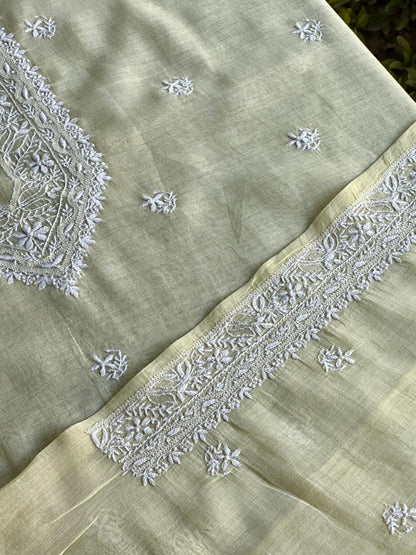 Lemon Yellow Mulmul Chikankari Unstitched Men's Kurtas Fabric