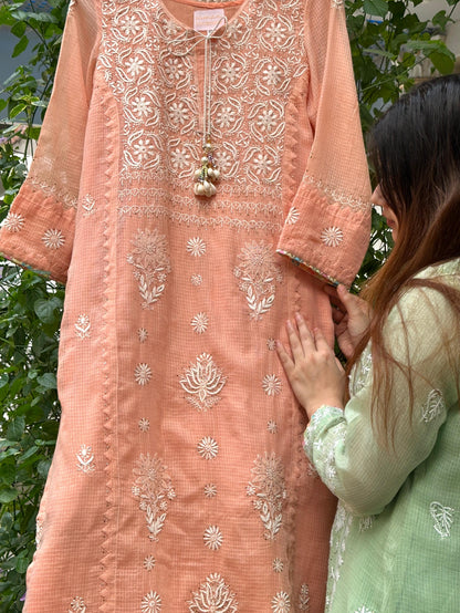 Peach Shade Kota Applique Chikankari Kurta Dupatta Set