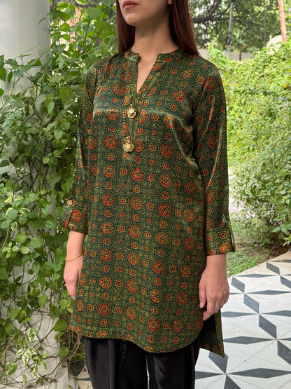 Ajrak Green Multi Shade Mashru Silk, Short Kurta