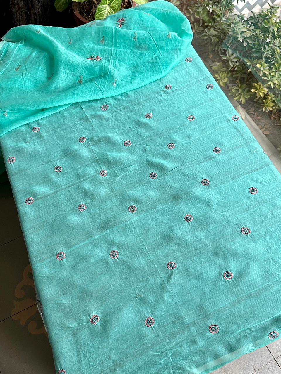 Aqua Green Shade Chanderi Chikankari Saree