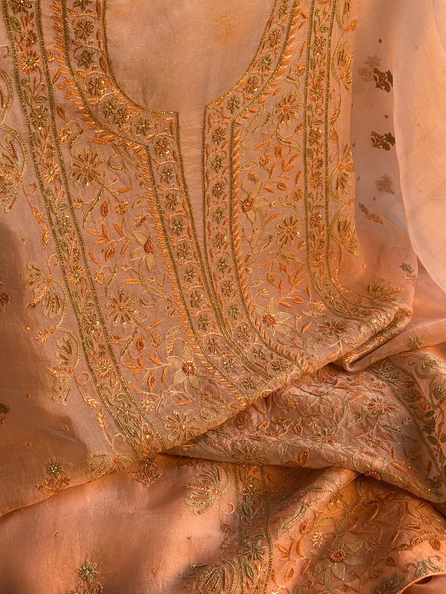 Floral Soft Peach Shade Noor Organza Chikankari Unstitched Fabric