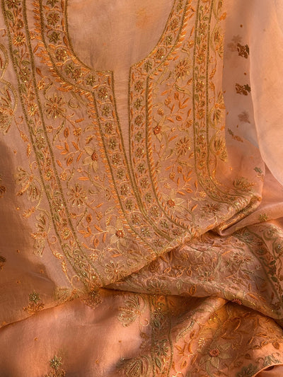Floral Soft Peach Shade Noor Organza Chikankari Unstitched Fabric