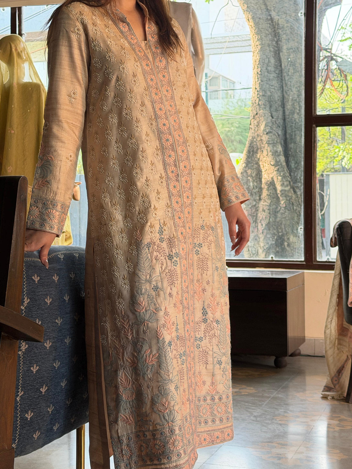 Intricate Natural Tussar Silk Chikankari RTW Jacket Set