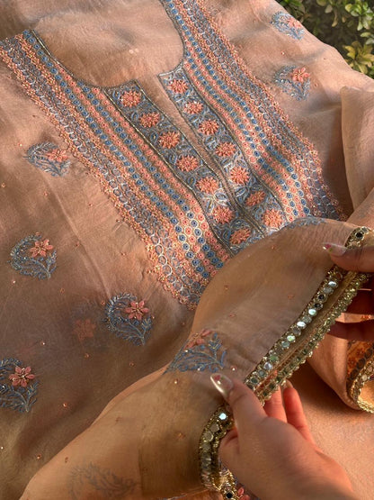 Peach Shade Noor Organza Silk Chikankari Unstitched Kurta Dupatta Set