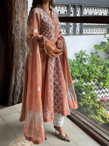 Coral Peach Shade Tissue Silk Chikankari Work Kalidar Kurta Dupatta Set