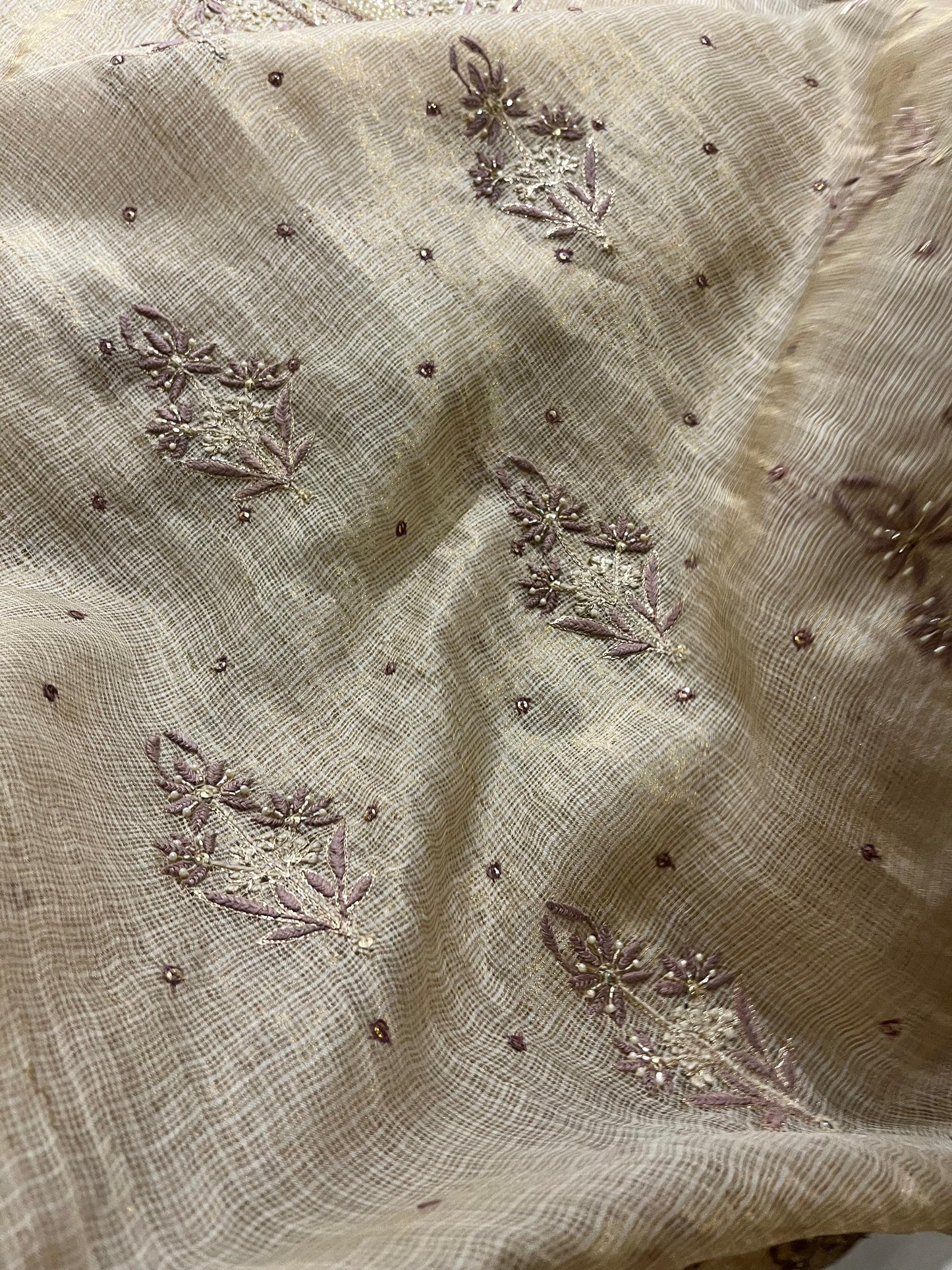 Beige Mauve Tissue Kota Chikankari Unstitched Fabric