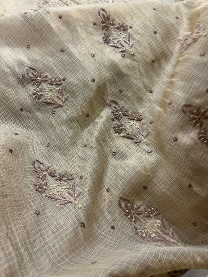 Beige Mauve Tissue Kota Chikankari Unstitched Fabric