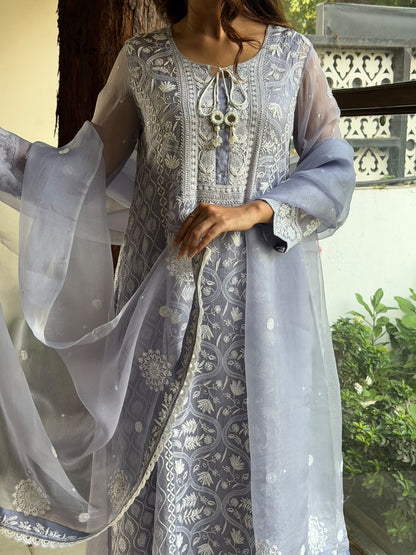 Mauve Blue Shade Cutwork Noor Organza Chikankari Anarkali