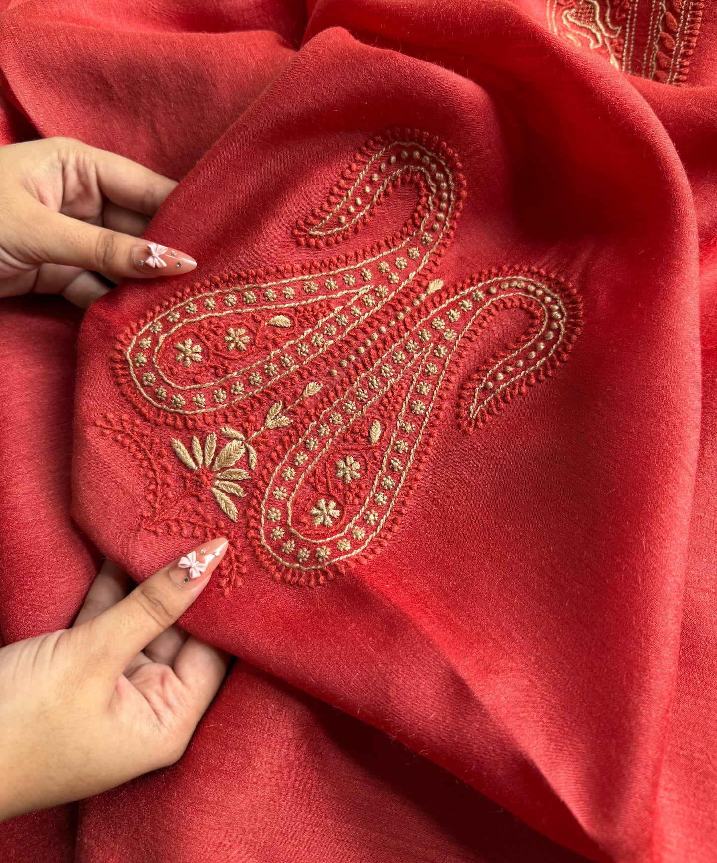 Red Moonga Silk Chikankari Men’s Kurta Fabrics