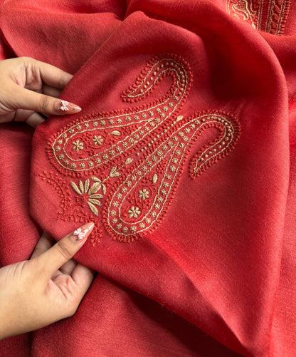 Red Moonga Silk Chikankari Men’s Kurta Fabrics
