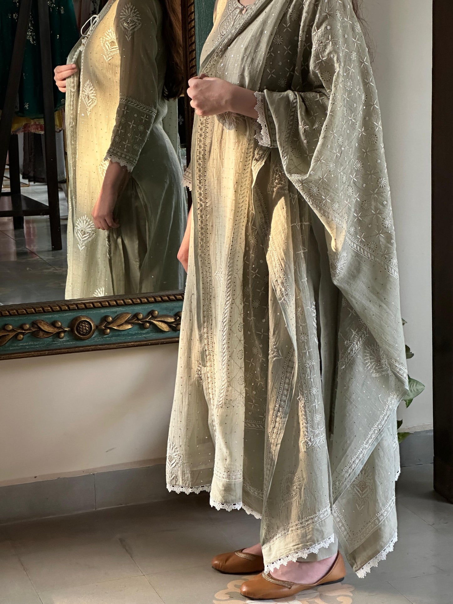 Grey Green Mulmul Pearl White Chikankari Kurta With Heavy Dupatta