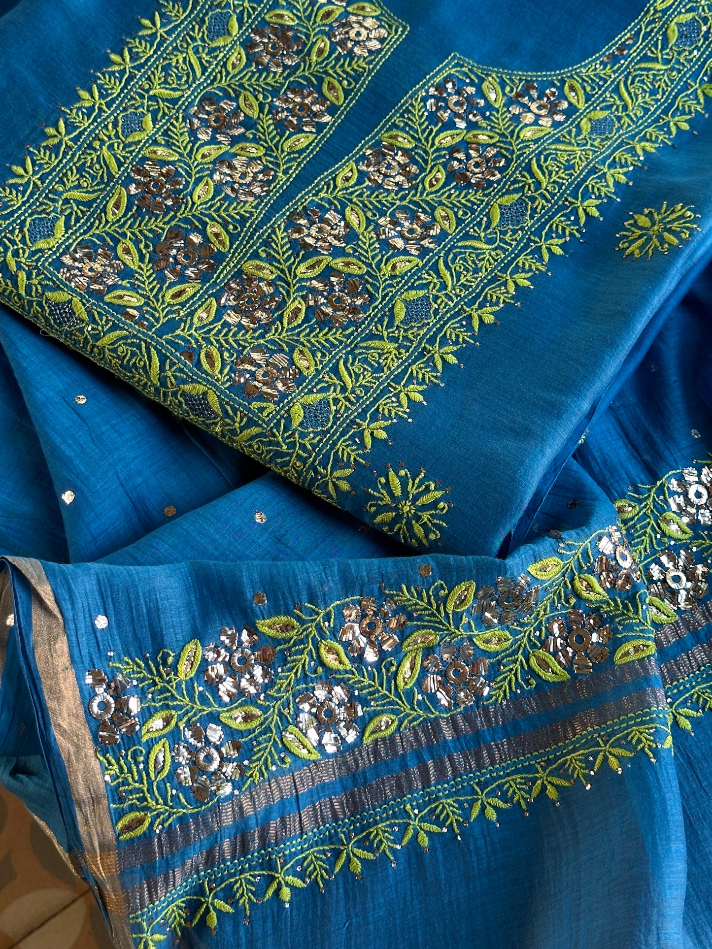 Blue & Green Shade Mal Cotton Chikankari Unstitched Kurta Dupatta Fabric With Mukaish Badla