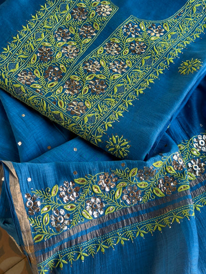 Blue & Green Shade Mal Cotton Chikankari Unstitched Kurta Dupatta Fabric With Mukaish Badla