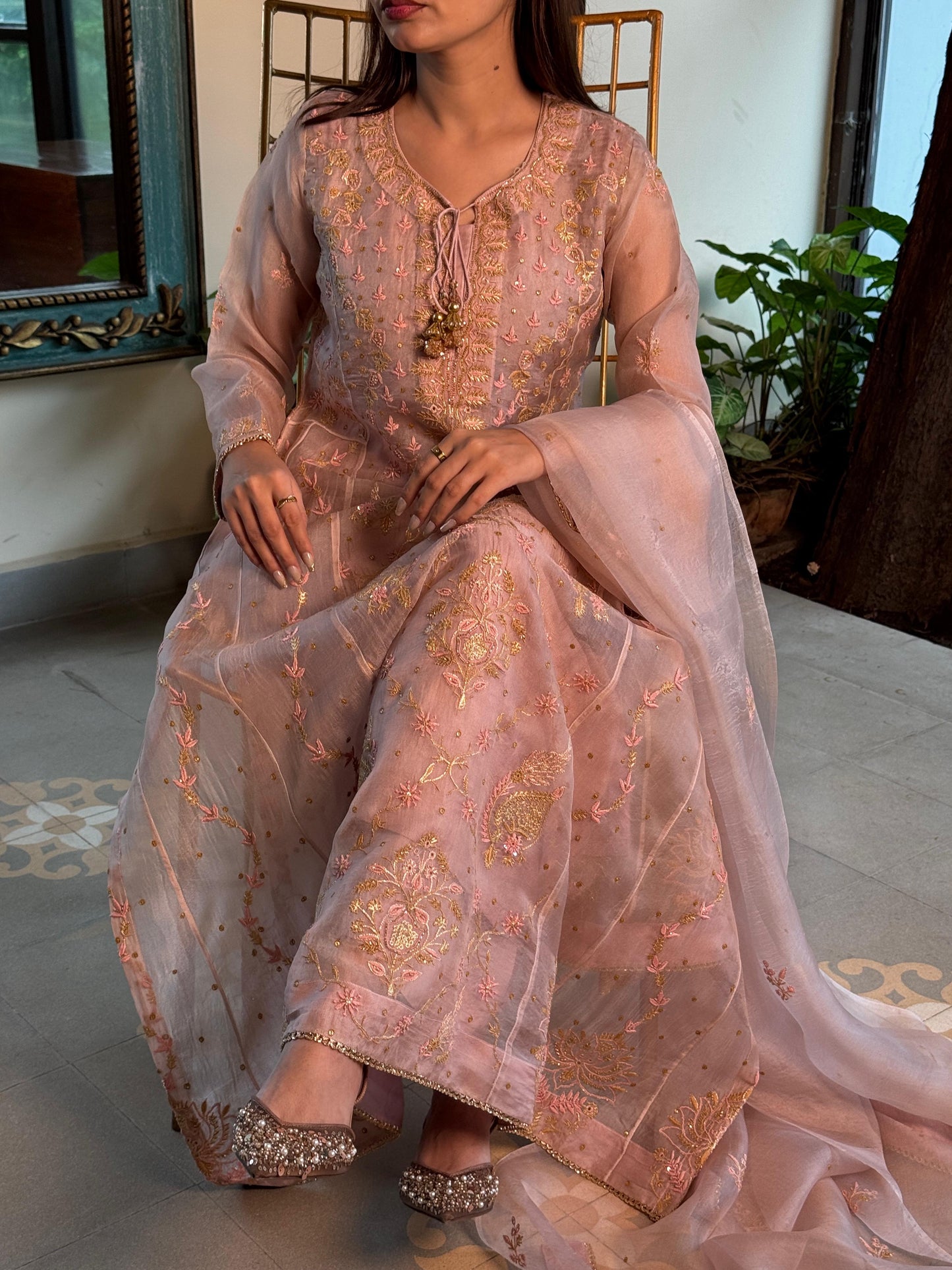 Dusty Peach Shade Noor Organza Chikankari Anarkali
