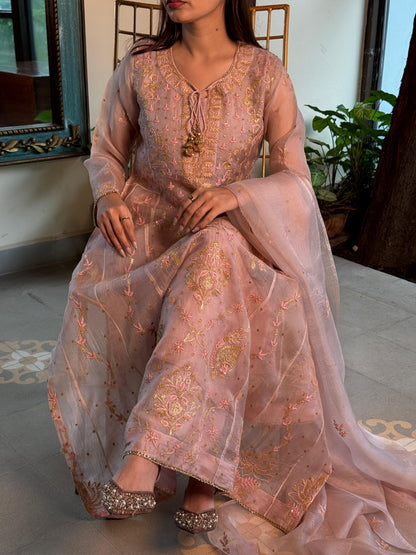 Dusty Peach Shade Noor Organza Chikankari Anarkali