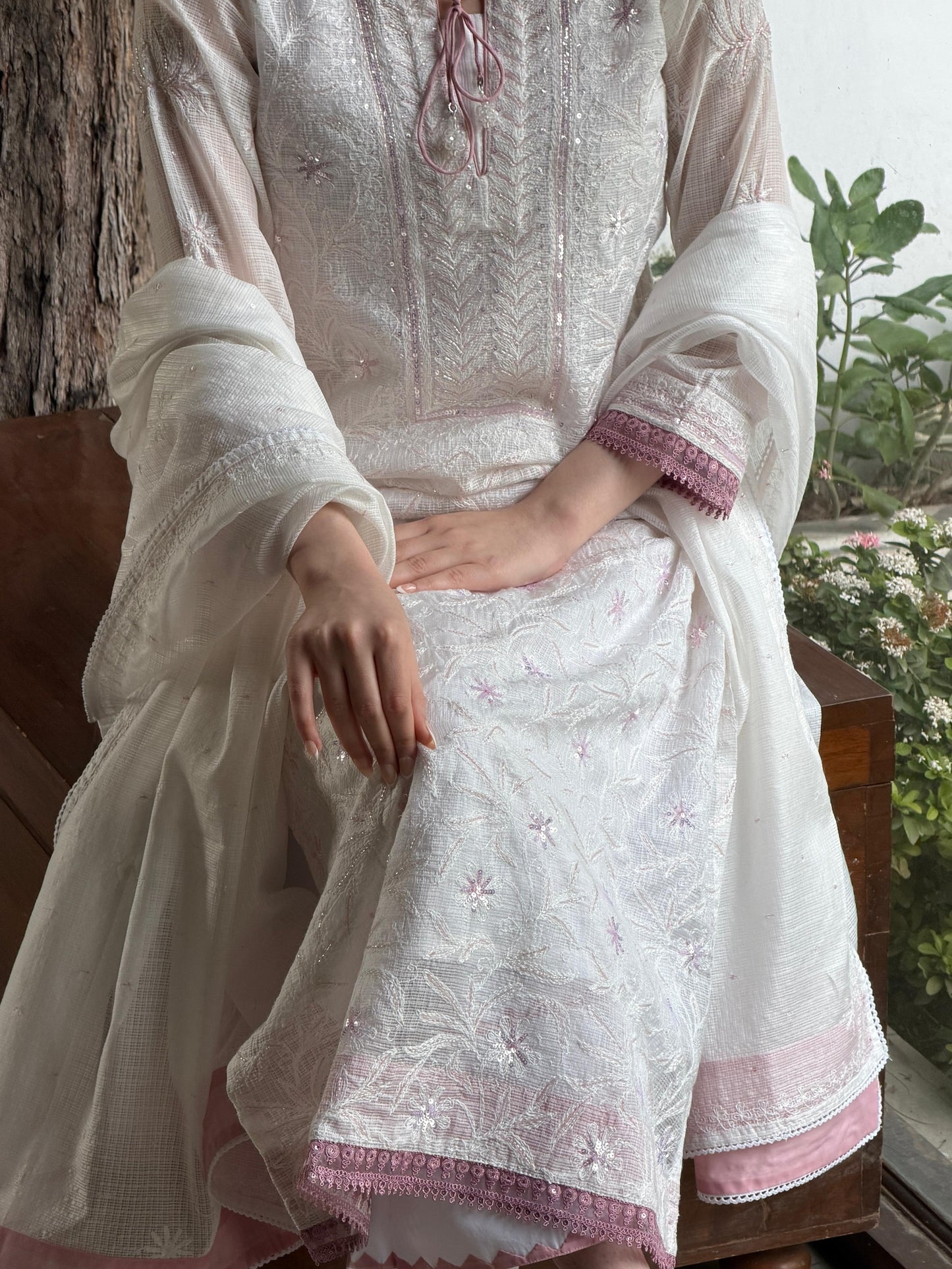 Powder Mauve Shade Kota Pearl Work Chikankari Kurta Set