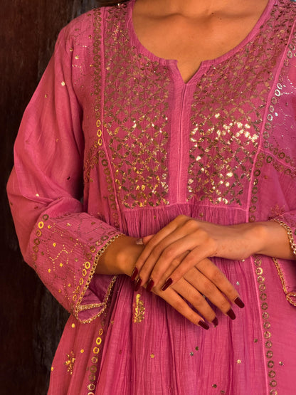 Deep Purple Mukaish Mul Chanderi Silk Ready To Wear Dress