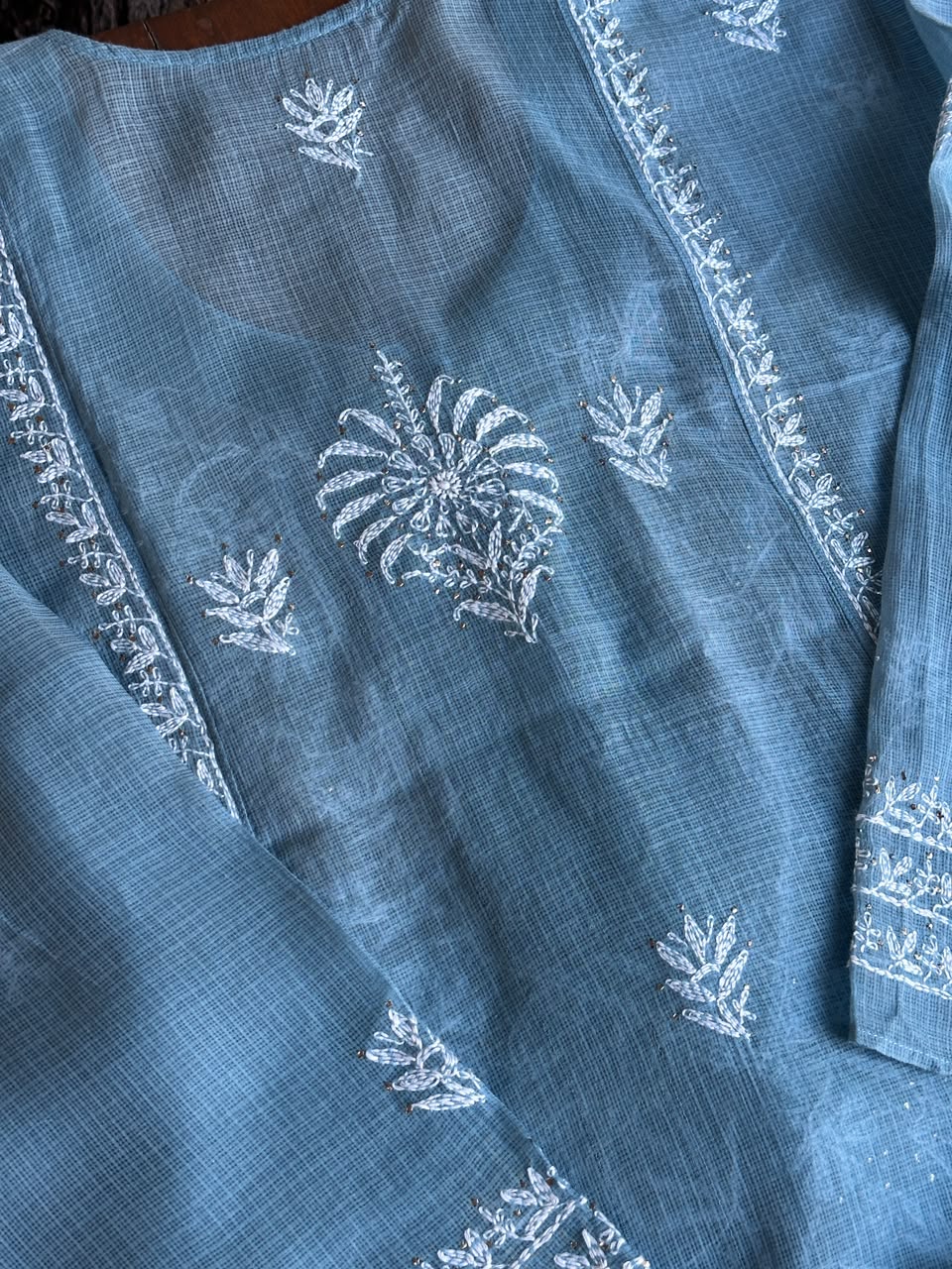 Blue Shade Semi Stitched Kota Tepchi Chikankari Kurta Dupatta Set