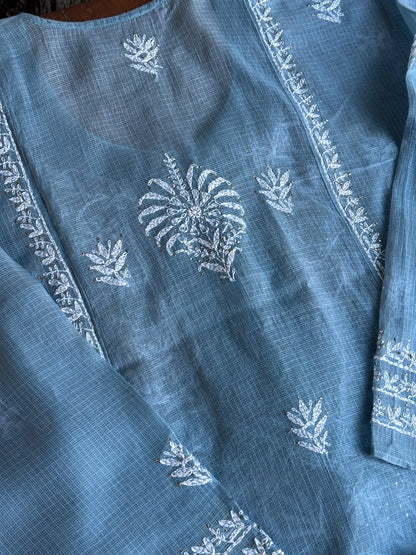 Blue Shade Semi Stitched Kota Tepchi Chikankari Kurta Dupatta Set
