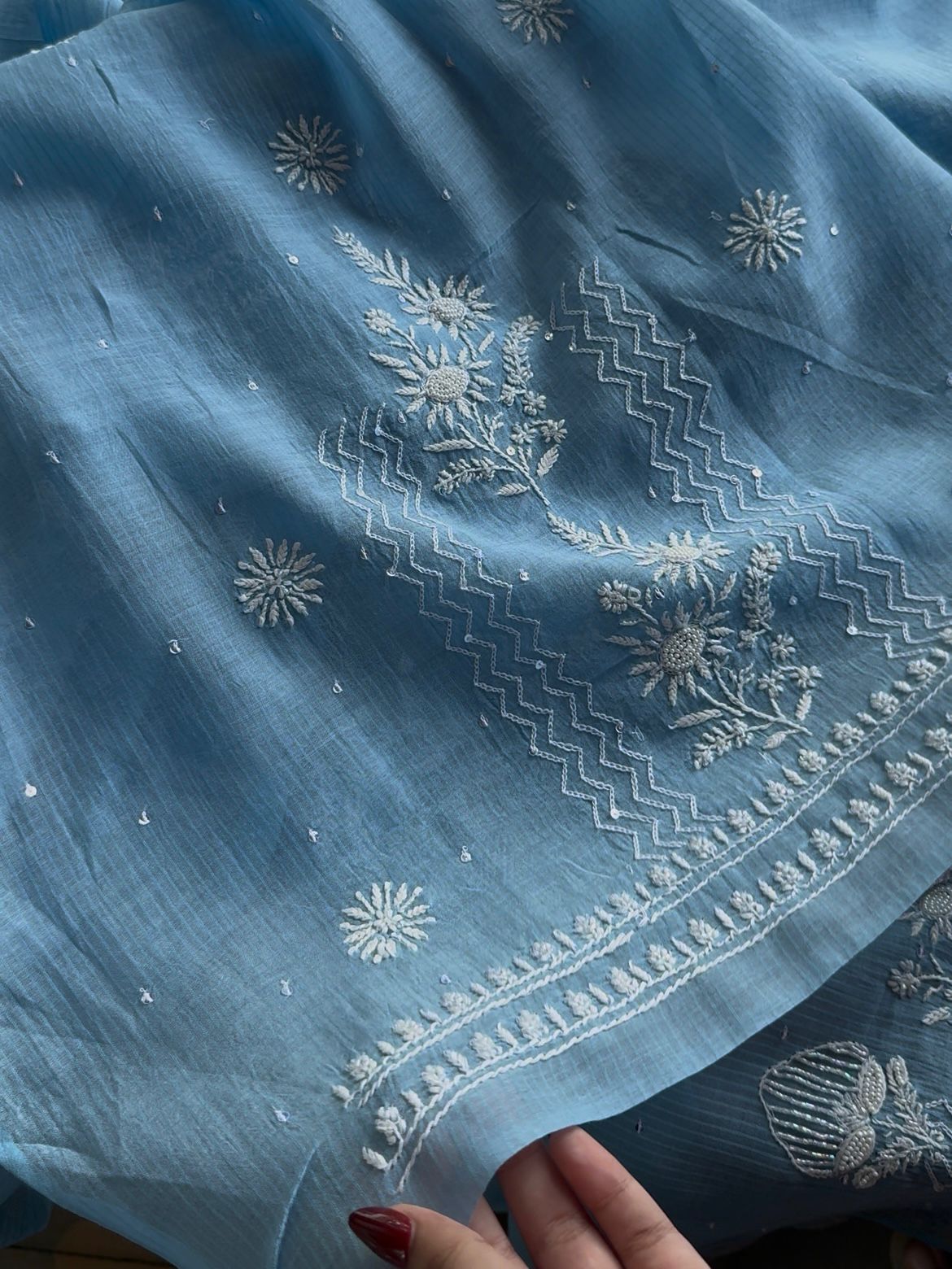 Blue Maheshwari Pearl Work Chikankari Unstitched Fabrics