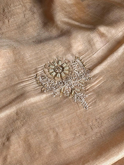 Natural Paper Tussar Resham Chikankari Unstitched Fabric Kurta Dupatta Set