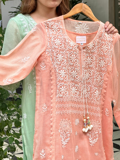Peach Shade Kota Applique Chikankari Kurta Dupatta Set