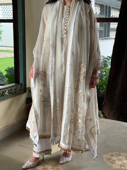 Ivory Kota Pattu Chikankari Suit Set with Organza Dupatta & Pearl Loop Buttons