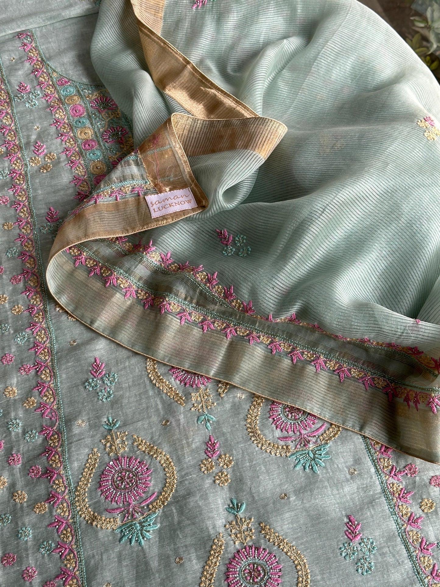 Pastel Mint Shade Rasm Silk Chikankari With Ari Work Unstitched Kurta Dupatta Set