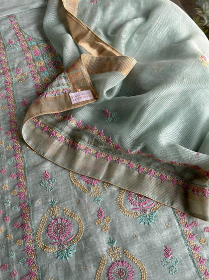 Pastel Mint Shade Rasm Silk Chikankari With Ari Work Unstitched Kurta Dupatta Set