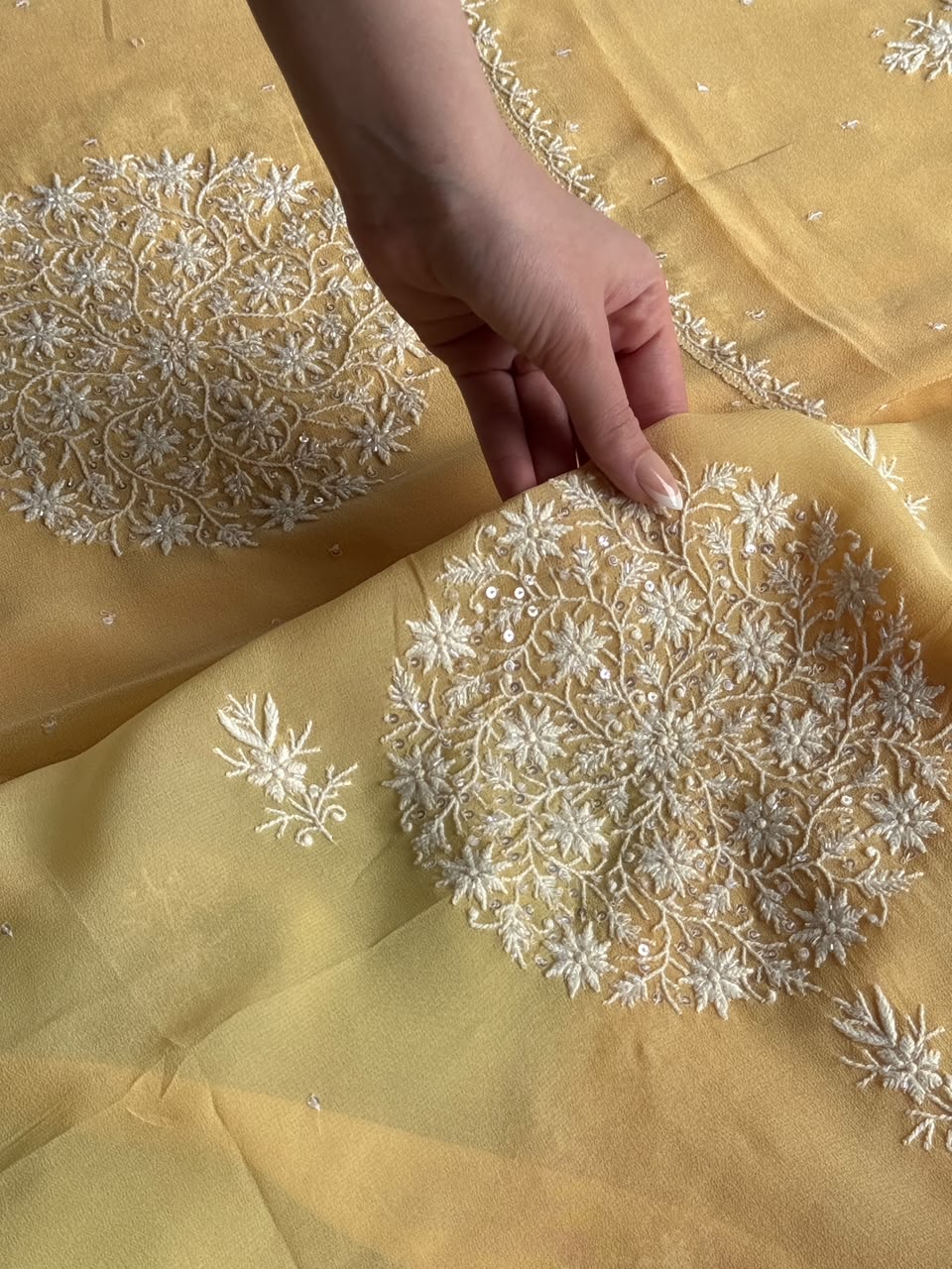 Melon Yellow shade Georgette Mirror Work Chikankari Kurta Dupatta Set
