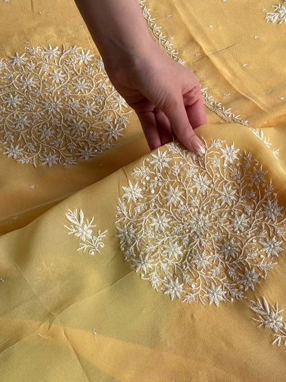 Melon Yellow shade Georgette Mirror Work Chikankari Kurta Dupatta Set
