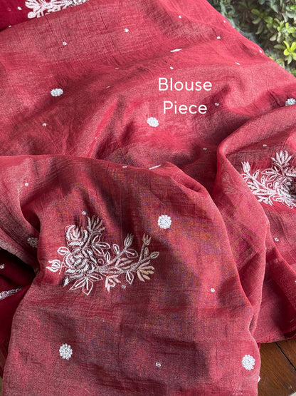 Noor Wine Red Organza Cutwork Chikankari Saree